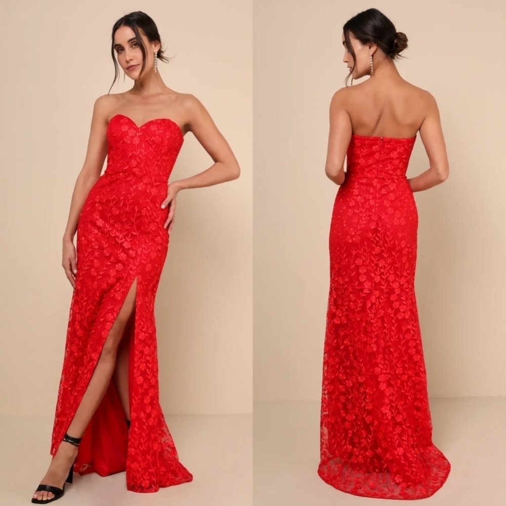 Lulus Romantic Beauty Red Floral Embroidered Strapless Maxi Dress Wedding Party